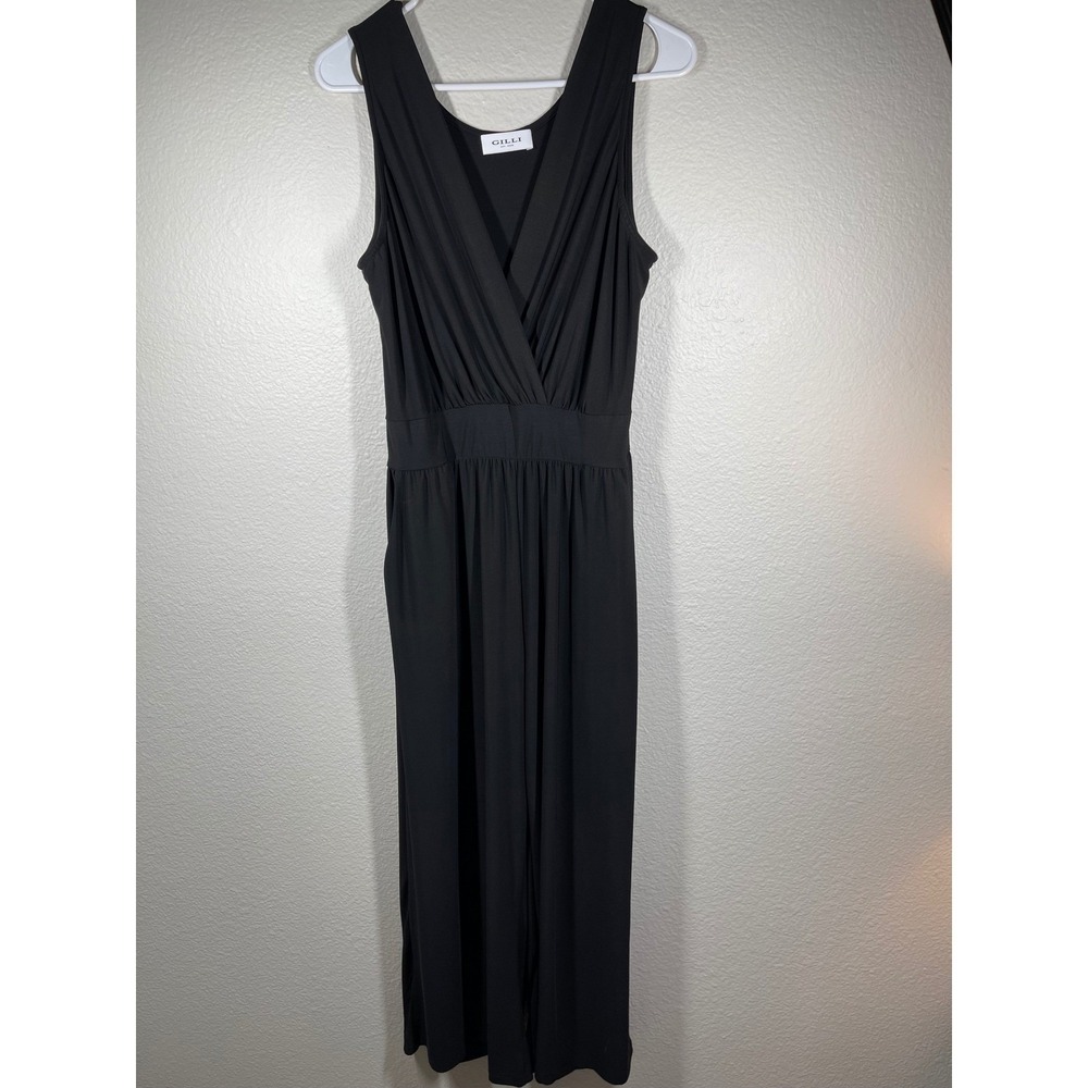 Gilli Black Sleeveless V Neck Wide Leg Jumpsuit Cropped Wide Leg Sz L  stretch